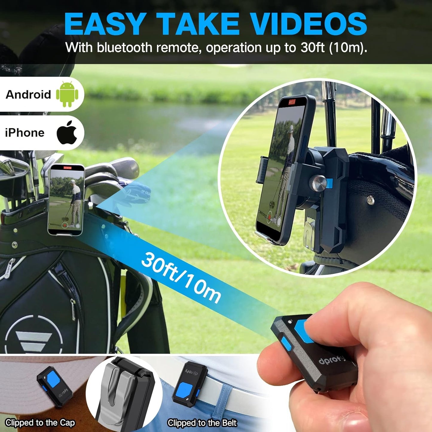 Dprofy Magnetic Golf Phone Caddy, Golf Cart Phone Holder, Record Your Golf Swing with Bluetooth Wireless Selfie Remote, Get Swing Feedback for Golf Training Aid, Golf Gifts for Men/Women