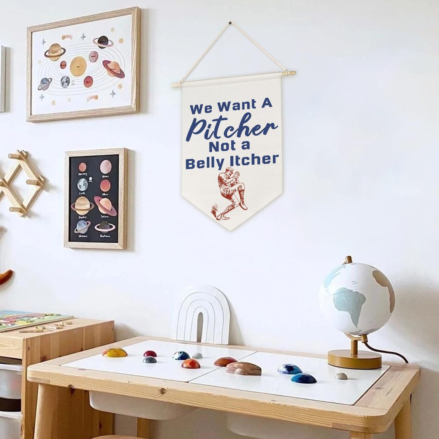 ArtisaEura Inspirational Wall Canvas Banners, We Want a Pitcher Not a Belly Itcher Hanging Display Pennant Banner Flags, Vintage Baseball Wall Decor for Kids Boys Toddler Room Playroom