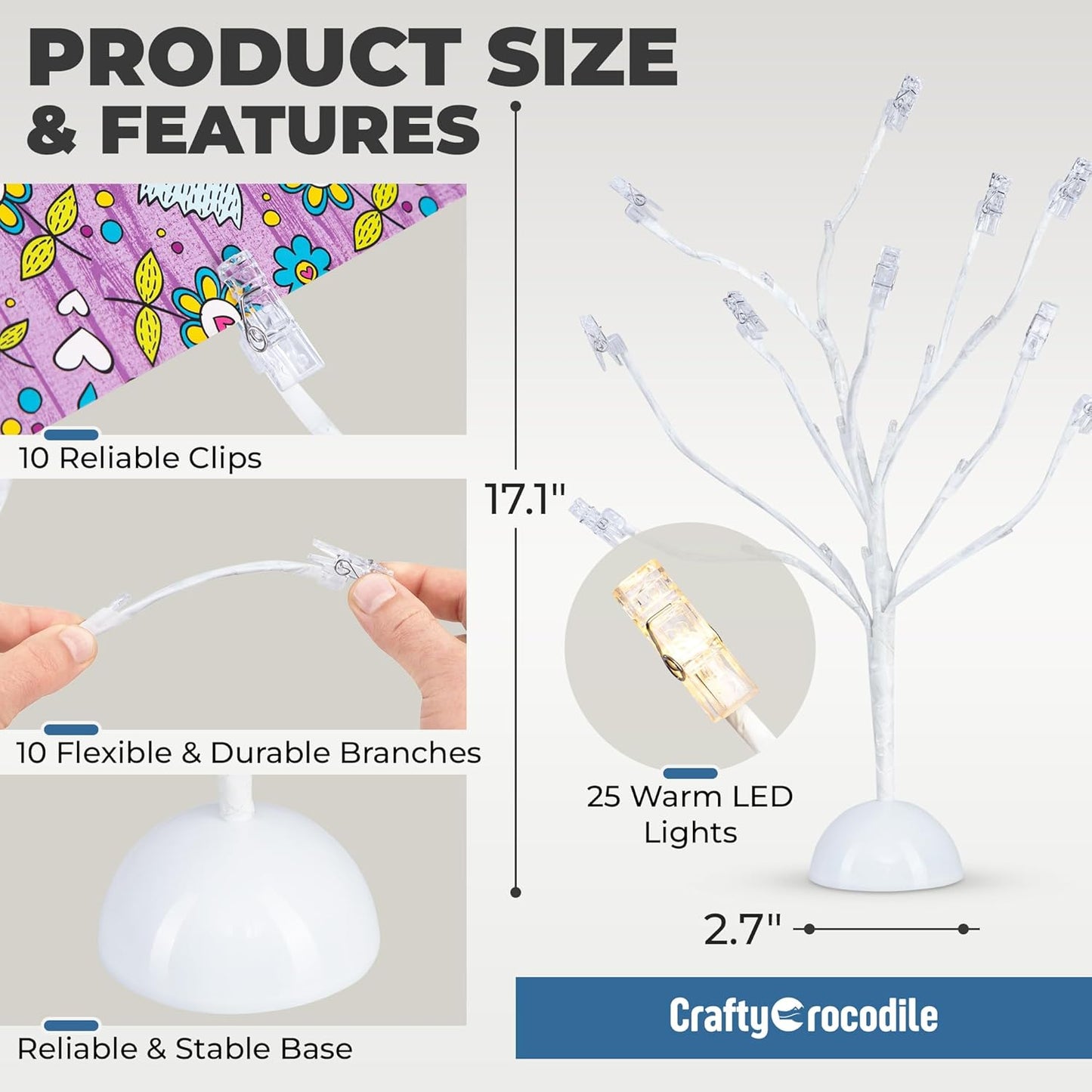 CraftyCrocodile LED Gift Card Tree Holder - Metal Display Stand with 10 Flexible Clips for Photos, Money, Lottery Tickets, Cards & Notes - 25 Warm Lights