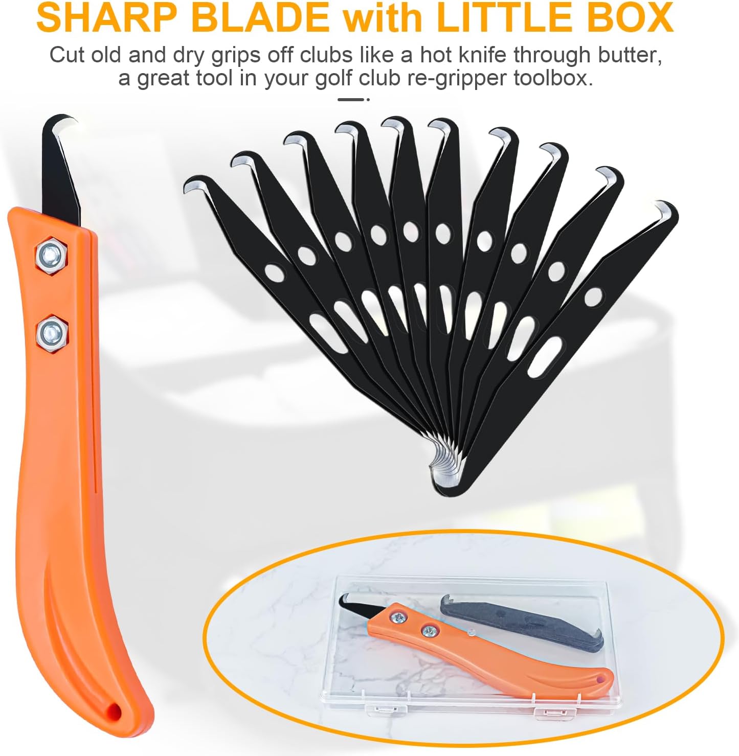 10pcs Club Hook Blade Knife with Handle, 3.4 Inch Double-end Golf Grip Removal Tool Kit with Plastic Box, DIY Hook Blades for Regripping Golf Club Mountain Bike Grip Baling Twine Black Orange