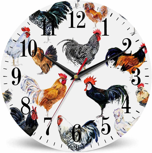 Mxocom Roosters Wall Clock Farm Watercolor Hen Chicken Pattern 10 Inch Silent Non Ticking Battery Operated Clock Vintage Round Clock for Living Room Bedroom Bathroom Office Decor
