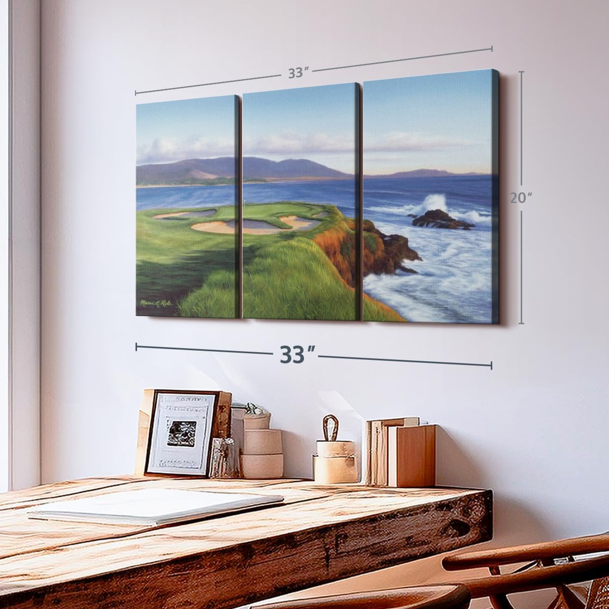 ElephantStock Pebble Beach 7th Hole Wall Art - Horizontal Canvas - 3-Piece Living Room Wall Decor - Painting Sports Canvas Print - Green and Blue Decor for Wall by Marci Rule - 33" X 20"