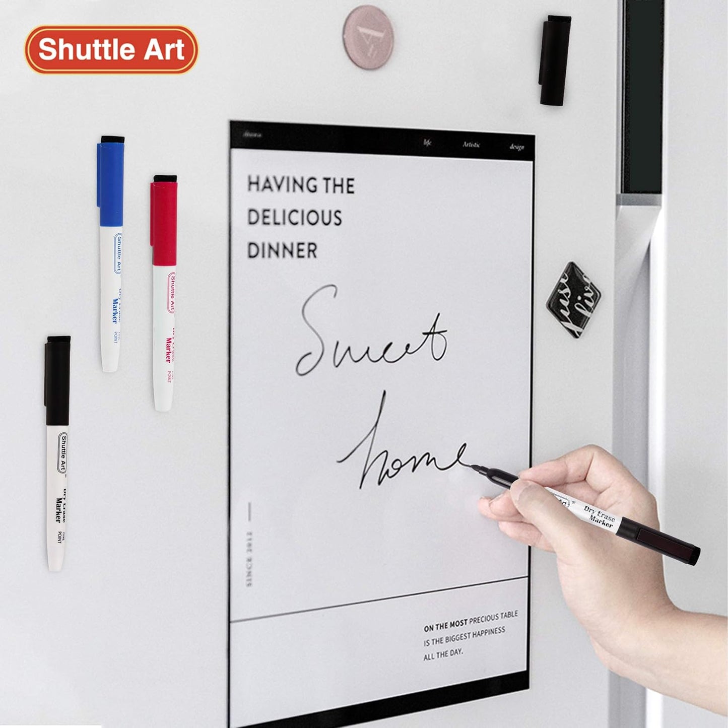Shuttle Art Dry Erase Markers, 15 Pack 3 Colors Magnetic Whiteboard Markers with Erase, Fine Point Dry Erase Markers for Writing on Whiteboard Glass Mirror for School Home Office(11 Black 2Blue 2Red)