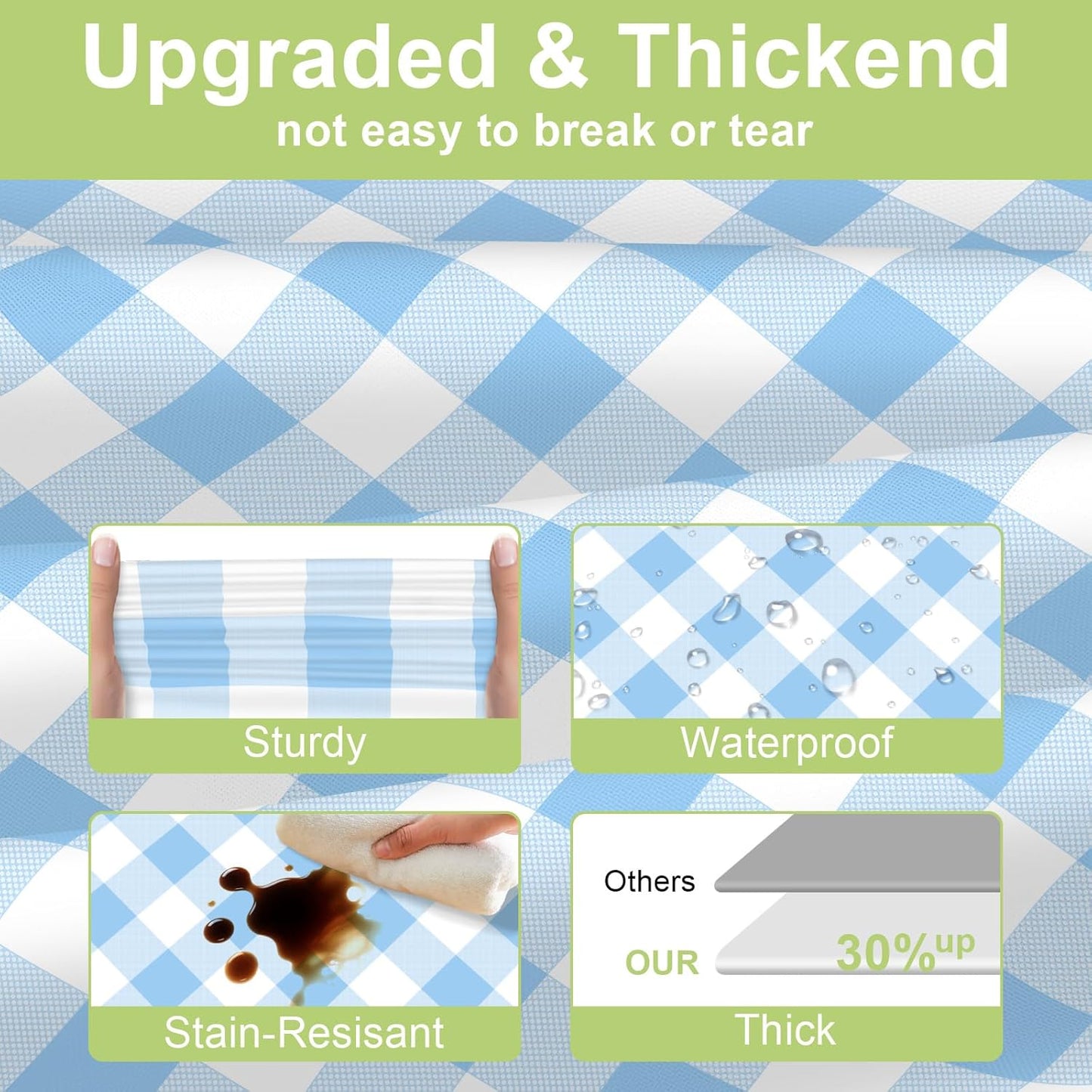 QIKSION Blue Gingham Tablecloth Disposable 2 Pack, 54 x 108 Inch Blue and White Checkered Table Cloth for Rectangle Tables, Plastic Table Cover