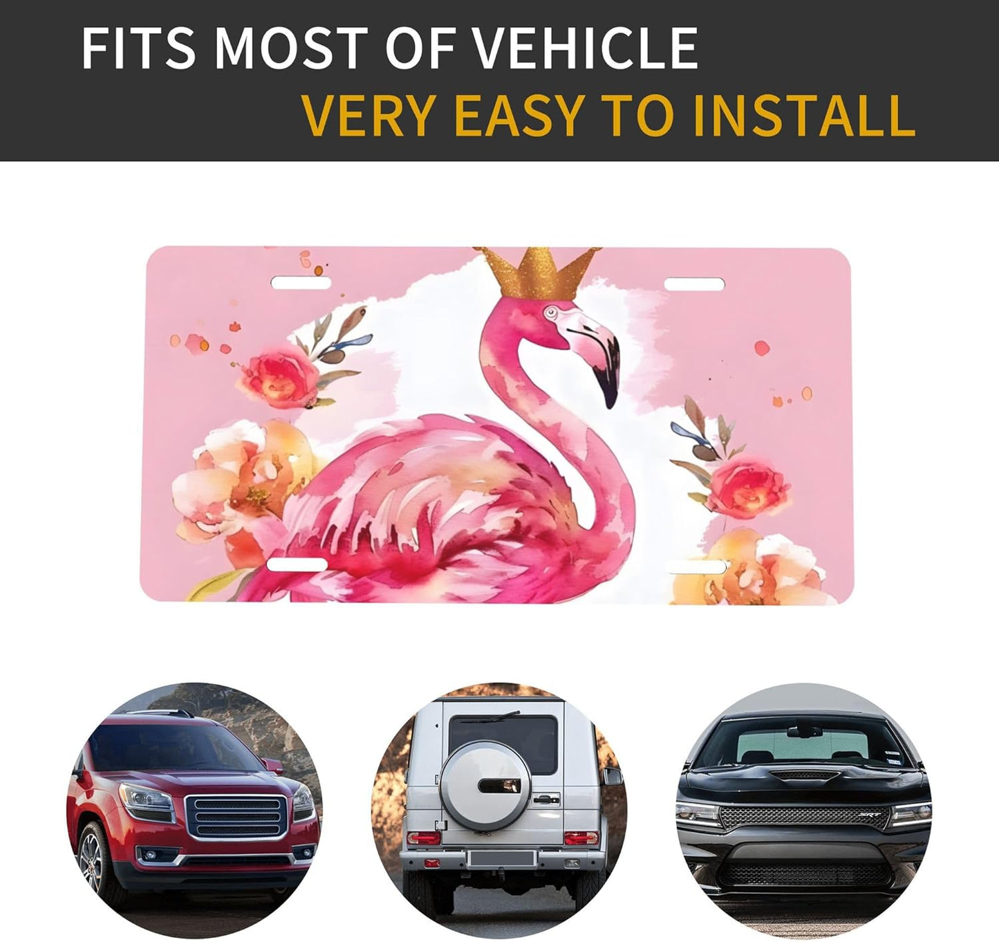 Front License Plate for Car Designs Pink Animal Flamingo Flower Stainless License Plate Cover Holder for Men Women Metal Aluminum Decorative Accessory Vanity Tag Standard 6 X 12 Inch (4 Holes)
