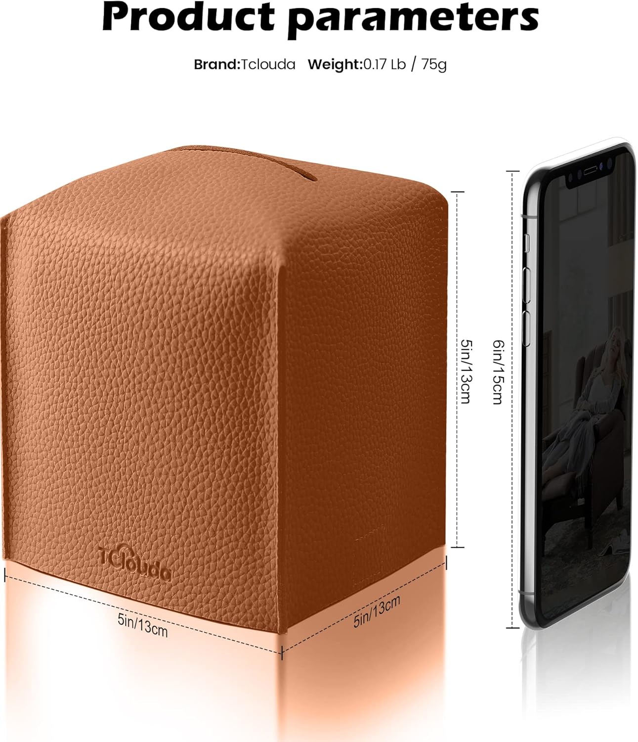 Tissue Box Cover for PU Leather, Modern Simple Solid Color Holder Square Tissue Bag, Ideal for Bathrooms,Office,Car,Nightstand,Outdoor Tent,Dining Table,5"X5"X5", Single Camel