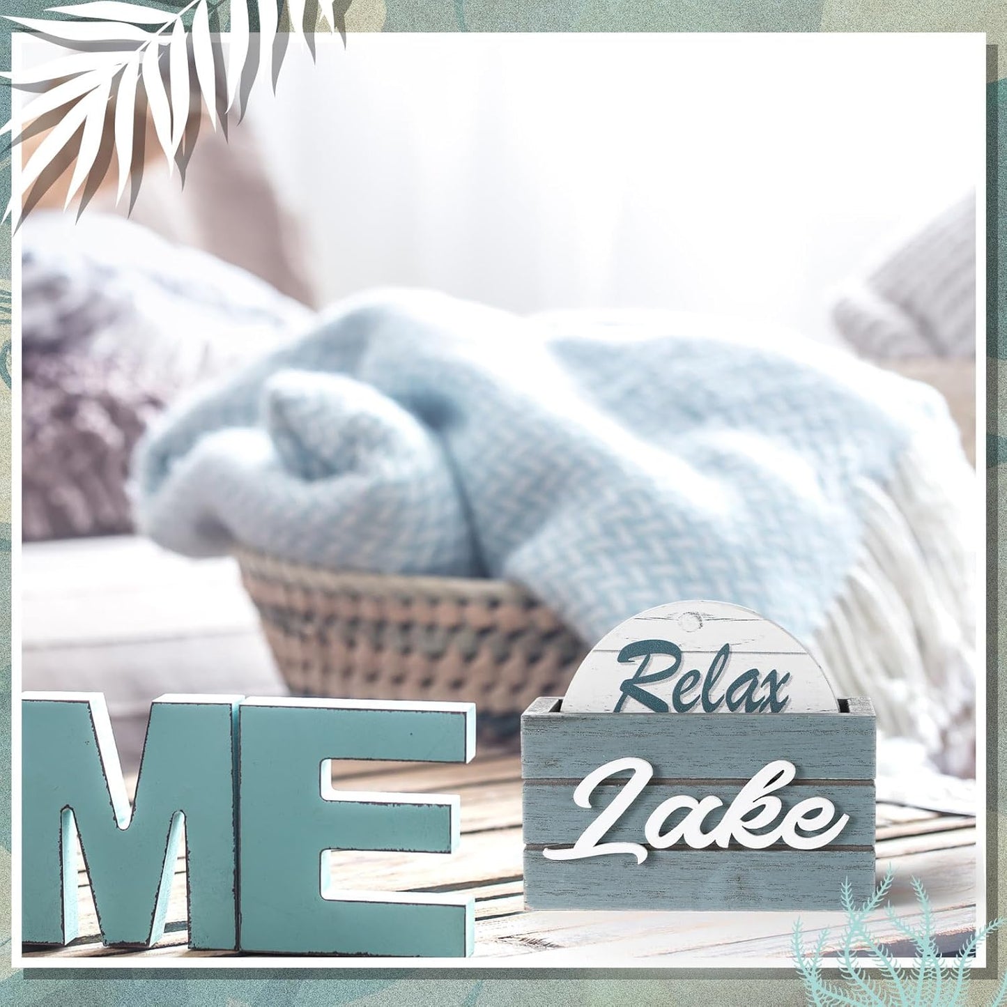 Queekay 6 Set Lake Theme Coasters with Holder for Drinks, Lake Lovers House Gifts, 4'' Wooden Coasters with Sayings Housewarming Gifts for Home Bar Coffee Table Decorations (Bright Color)