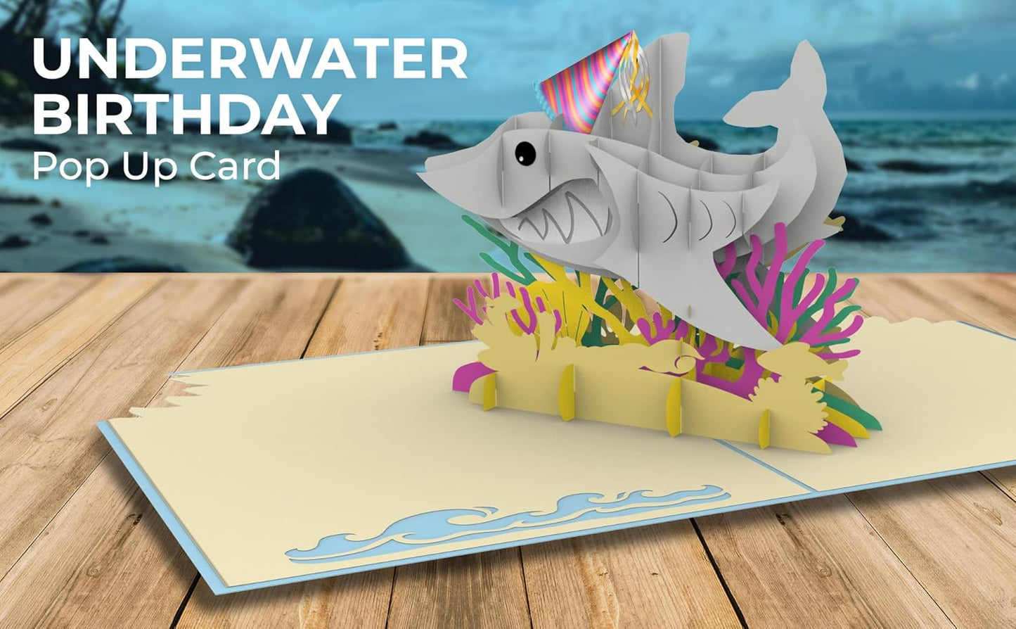 iGifts And Cards Ocean Adventure Shark 3D Pop Up Birthday Card, 6"x8", With Envelope and Notecard, Unique Gift for Kids, Teens, Beach Lovers, and Aquatic-Themed Celebrations