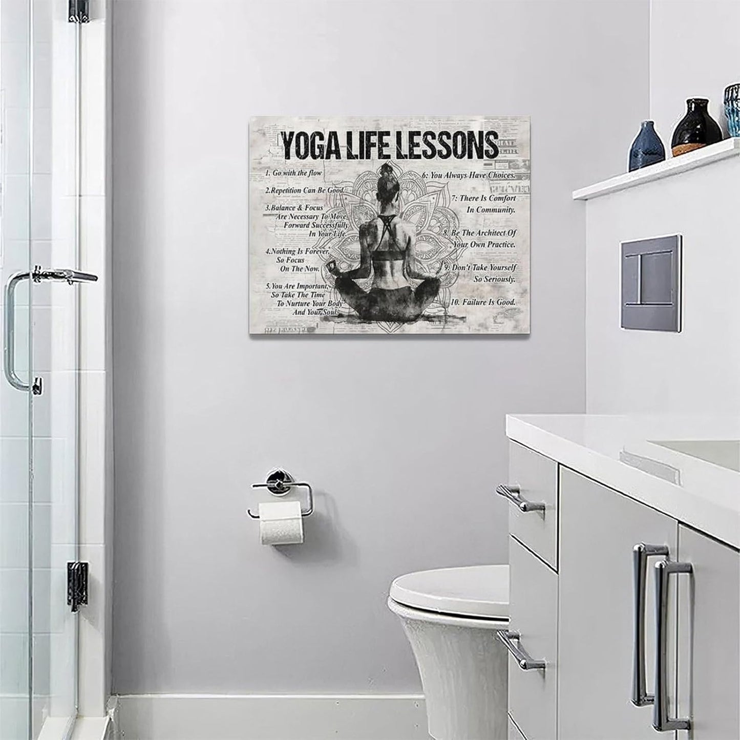 Yoga Life Lessons Wall Art - Retro Poster Motivational Decor Canvas Print for Bedroom, Bathroom, Living Room, Gym - 16x12