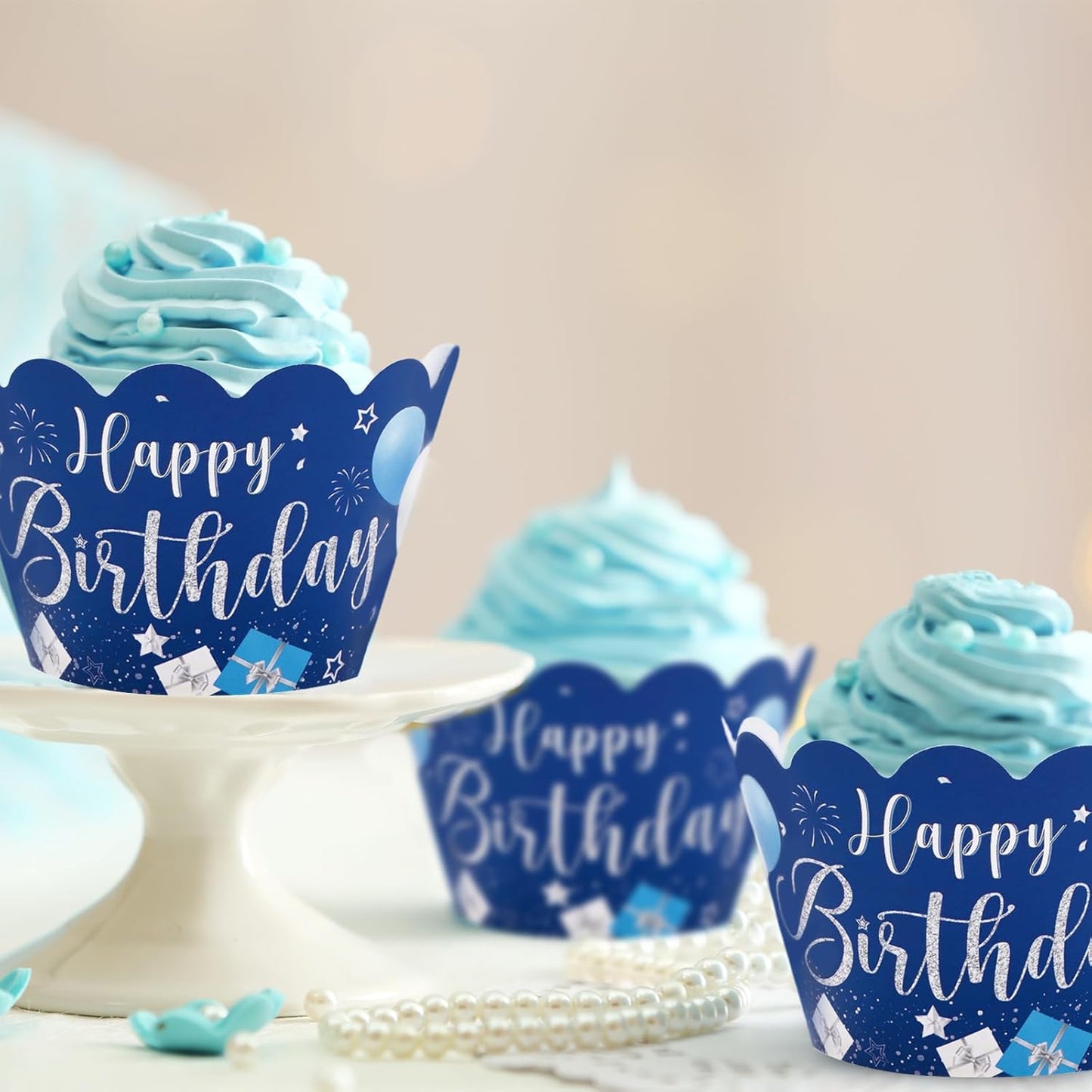 Whaline 36Pcs Happy Birthday Cupcake Wrappers Blue Silver Birthday Cupcake Liners Decorative Cupcake Holders for Baby Shower Birthdays Party Cake Decoration
