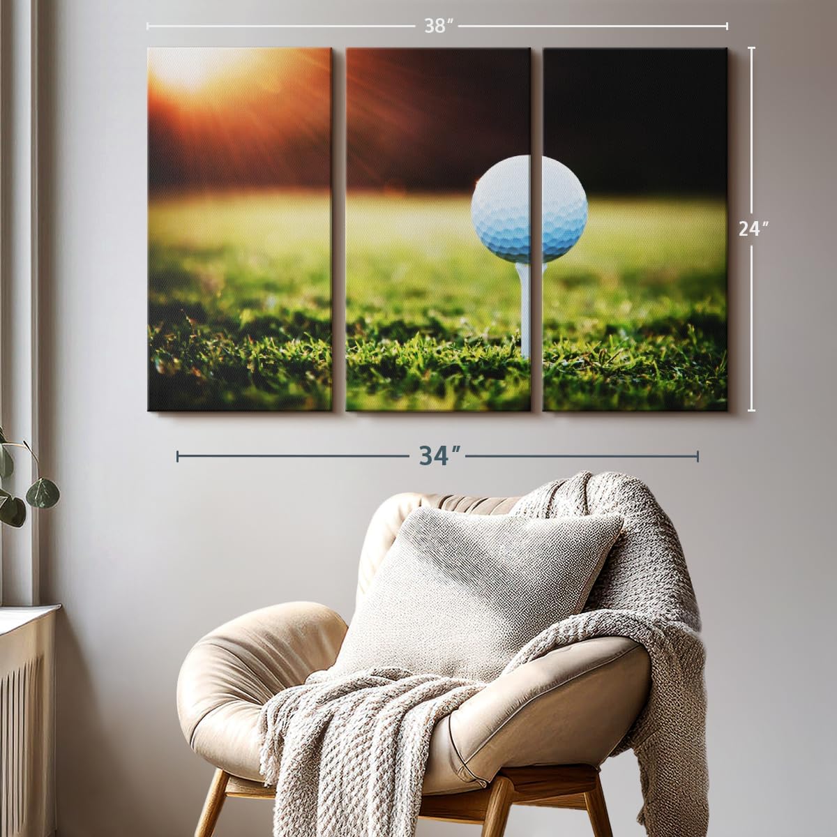 ElephantStock Golf Ball Tee Wall Art - Horizontal Canvas - 3-Piece Living Room Wall Decor - Photography Photographic Canvas Print - Black and White Decor for Wall - 38" X 24"