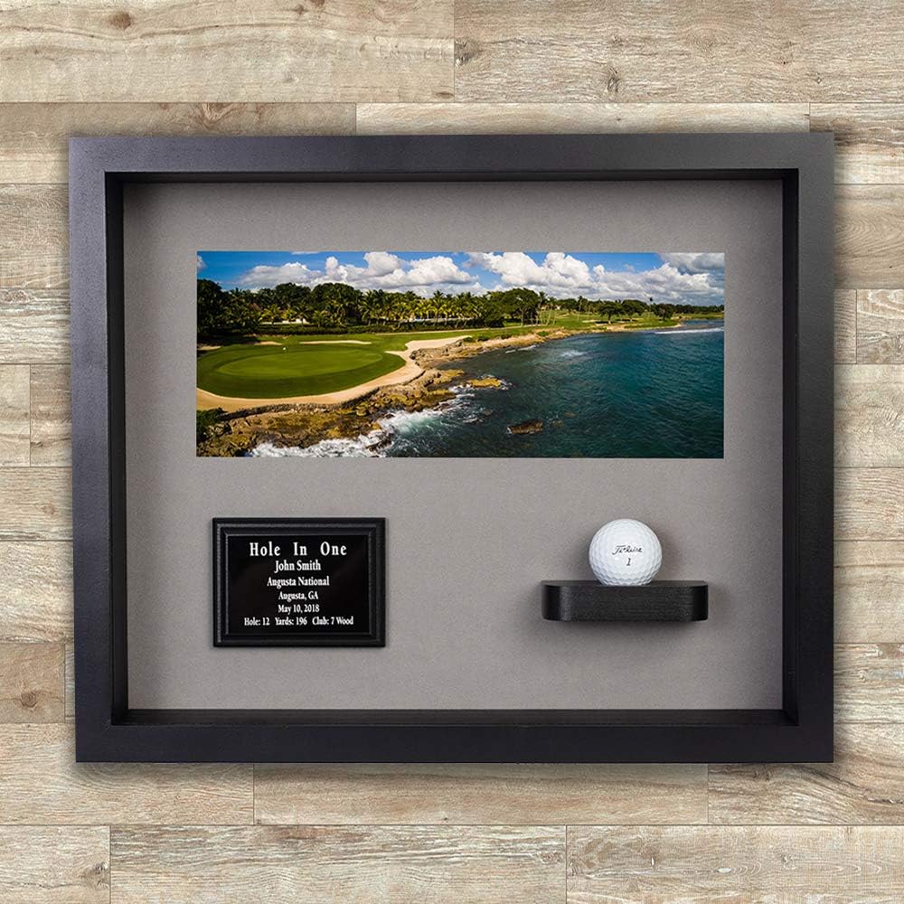 Hole in One Shadowbox and Golf Ball Display Case | Personalized Engraved Plate | Holds Golf Ball and Scorecard or Photo |4 Color Finishes | Wall Mounted (Horizontal, Black/Gray)