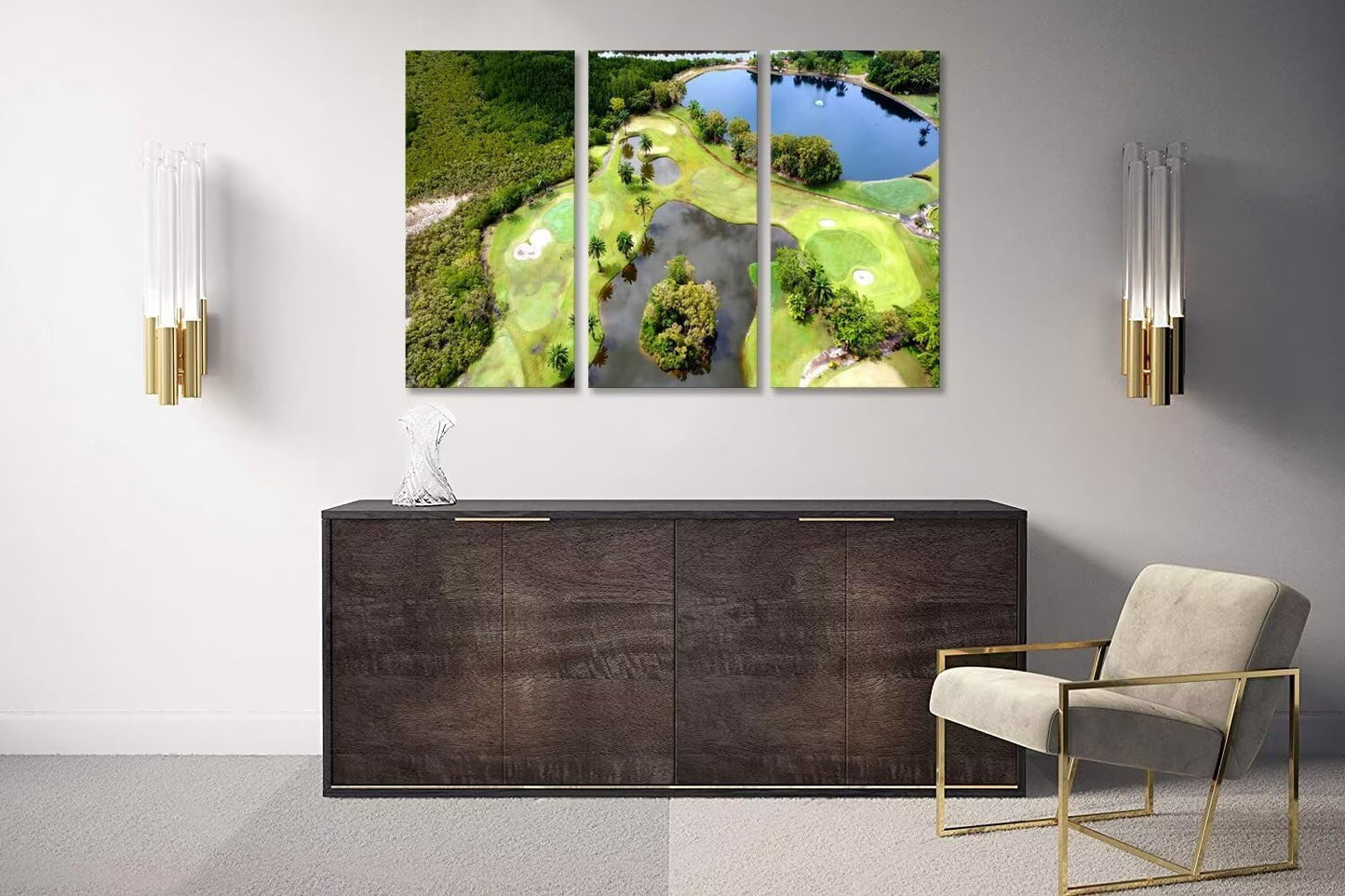 chenchenArt Golf Course Wall Art for Living Room Bedroom Bathroom Home Decorations Lake and Golf Course Pictures Posters Canvas Prints Modern Artwork for Office Framed Ready to Hang(20''W x 40''H x3)