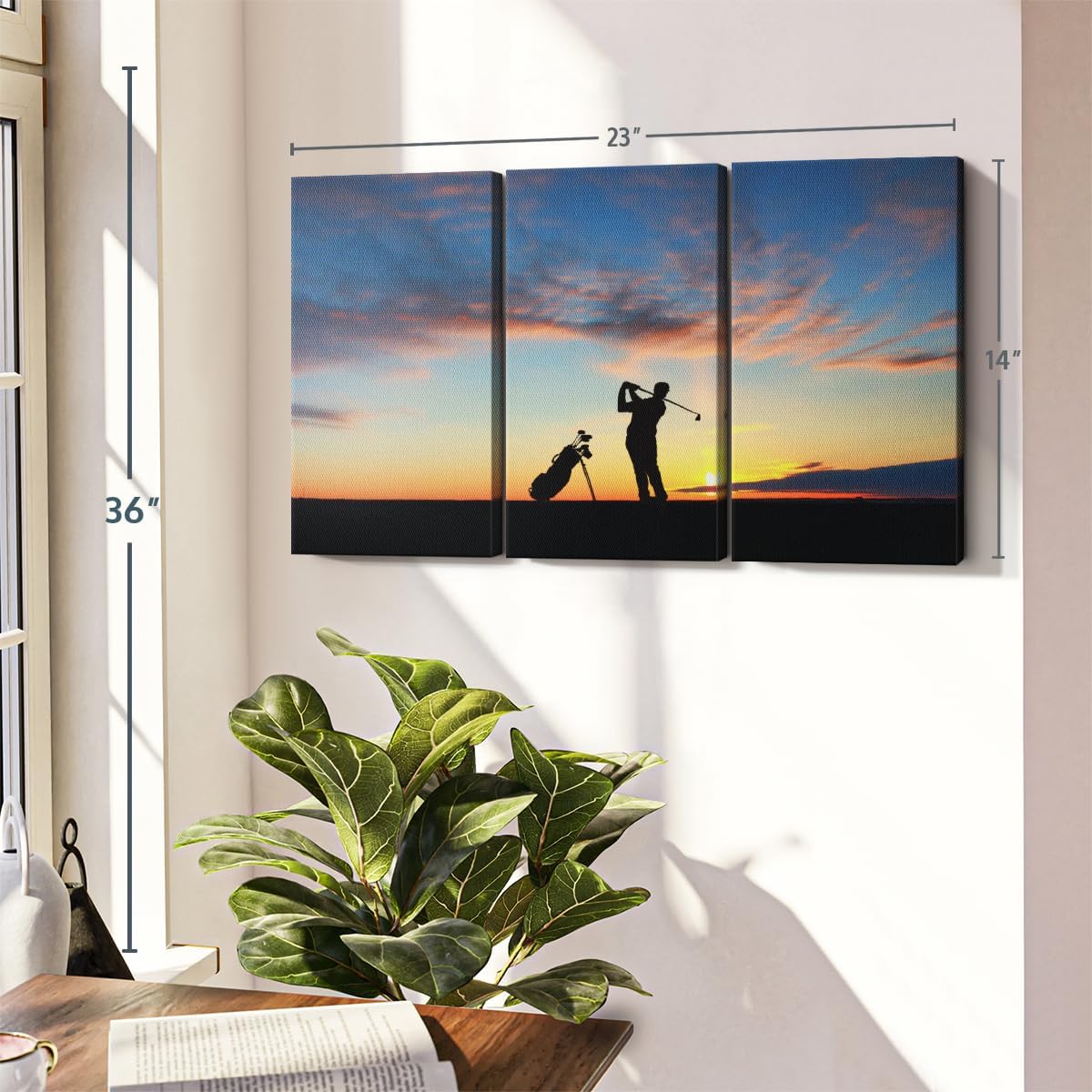 ElephantStock Golfing At Sunset Wall Art - Horizontal Canvas - 3-Piece Living Room Wall Decor - Golf Photography Canvas Print - Black and Orange Decor for Wall - 23" X 14"