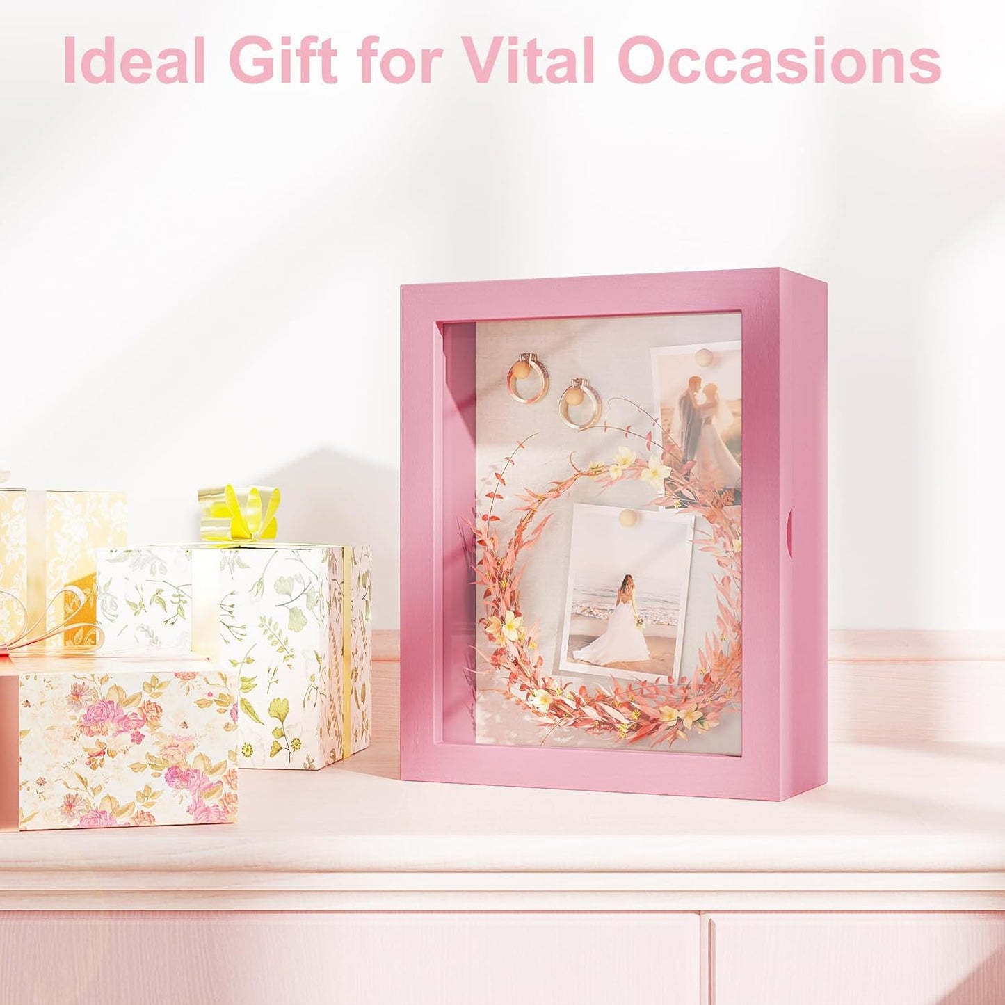 Love-KANKEI Shadow Box Frame 8x10 Shadow Box Display Case with Linen Back Memorabilia Awards Medals Photos Memory Box Gift Pink