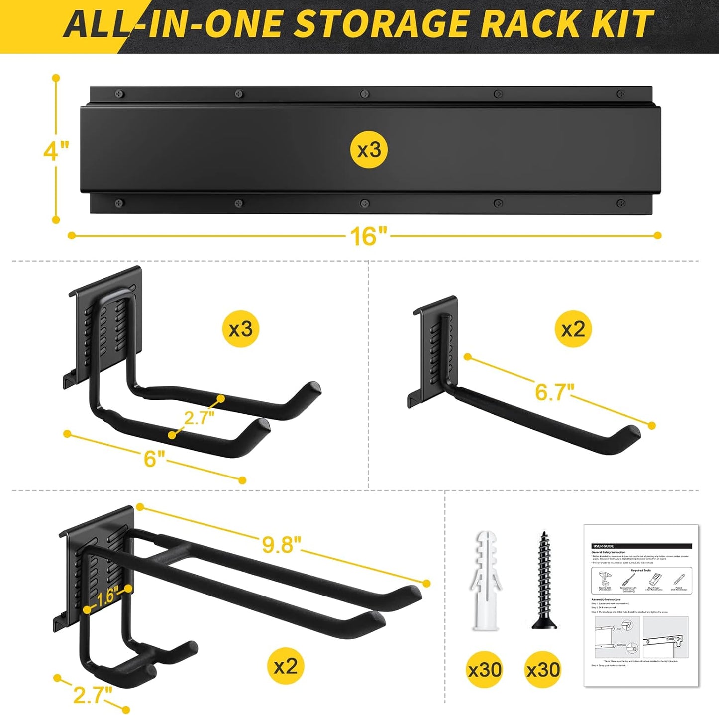 48" Garage Tool Organizer Wall Mount, 440lbs Garden Garage Storage Garage Organization with Adjustable Heavy Duty Hanging Hooks, Yard Rack Hanger System Shovel Rake Broom Ladder Holder, Men Gift