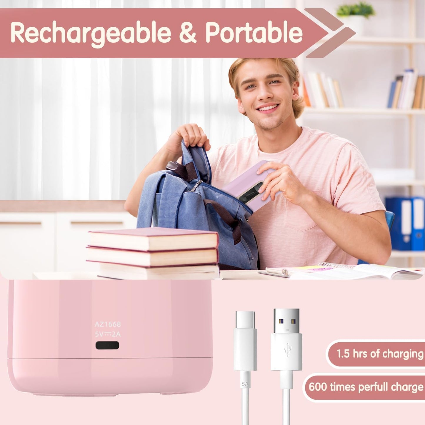 Deli Electric Pencil Sharpener - Fully Automatic, Auto in & Out, Rechargeable Hands-Free for 6.9-12mm - Home, Classroom, Battery Operated, Pink