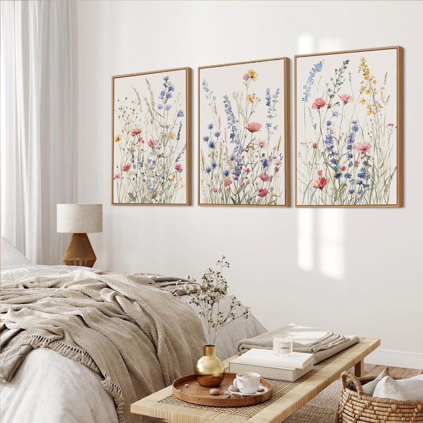 MTFBWY 3Pcs Framed Wildflower Canvas Wall Art – Floral Wall Art Watercolor Prints, Blue Botanical Artwork, Colorful Flower Pictures Decor Printing for Living Room, Girls Bedroom, or Bathroom 24L" x 16W"