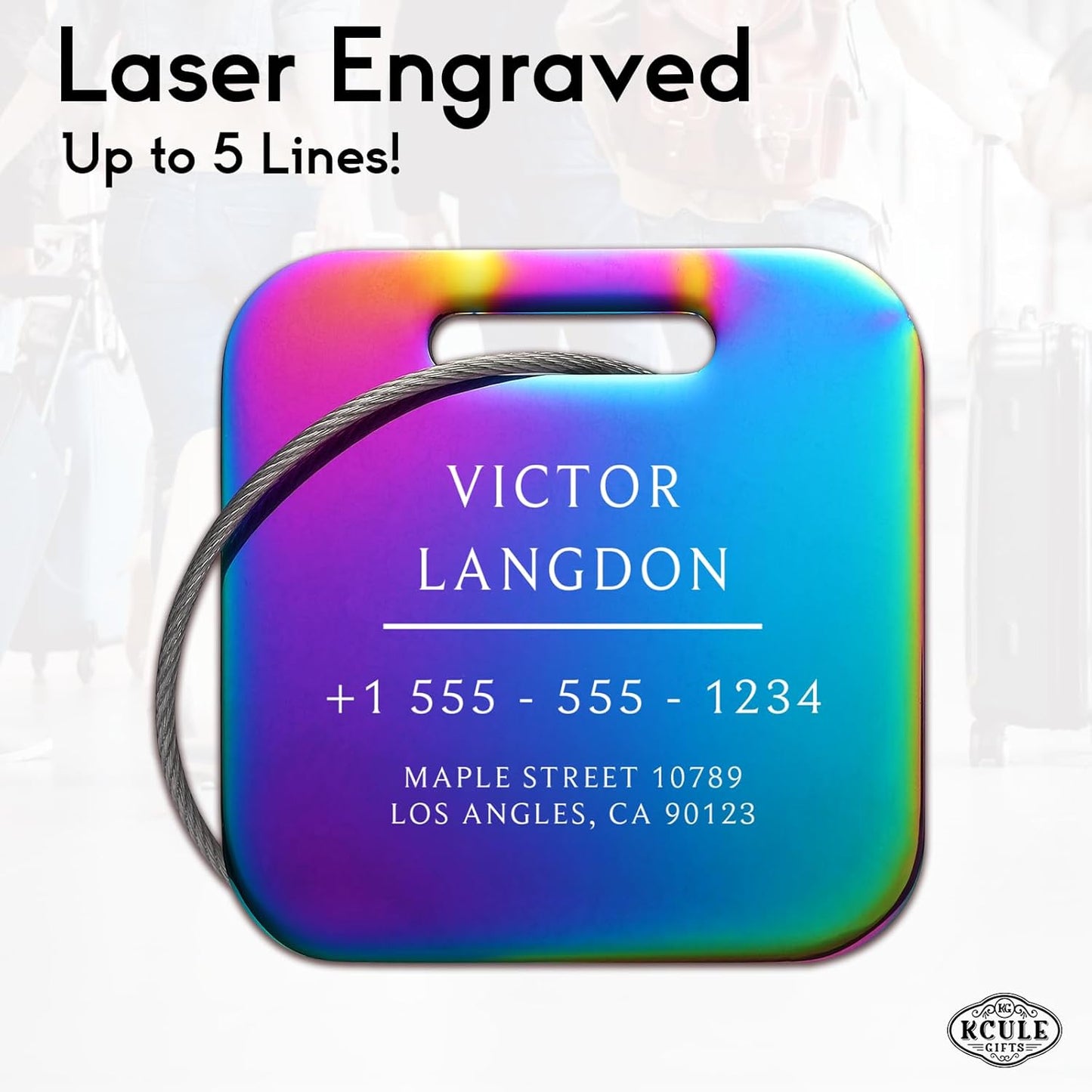 Stainless Luggage Tags for Suitcases: Metal Personalized Luggage Tags and Bags with Customizable Texts (Rainbow)
