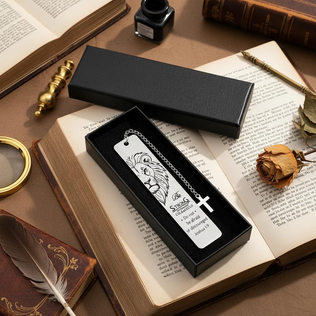 Metal Bookmark Man of God, Silver Inspirational Lion and Wolf Verse Book Mark with Cross Pendant, Religious Scripture Bookmark Accessories for Men Church Baptism Gifts (2PCS)