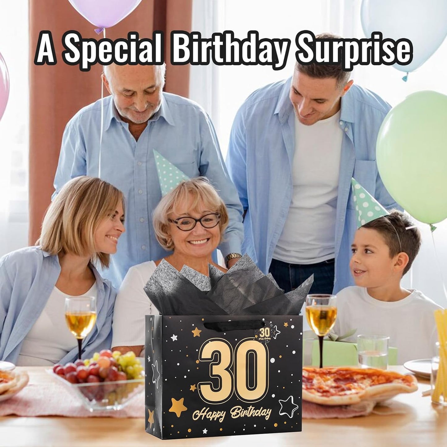 Powbrace 13" Black Happy Birthday Gift Bag with Tissue Paper and Greeting Card for Party,Happy Birthday Gift Bag for Men Women,Gift Bags Medium size(1 Black 50th)