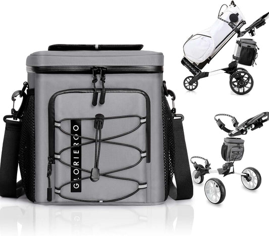 Golf Cart Cooler Bag Insulated - 12-Can Leakproof Soft Cooler Bag with Hook-and-Loop Lid, Waterproof Zippers, and Multi-Pockets for Accessories; Fits on Golf Push Cart