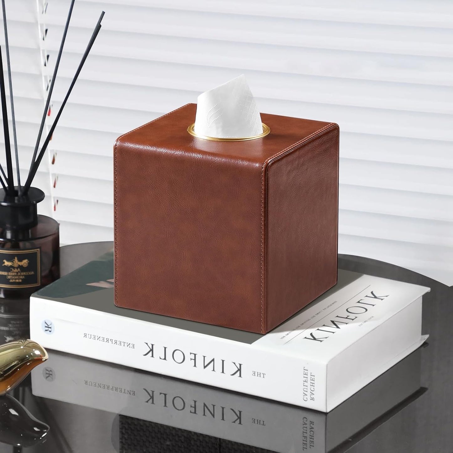 Square Tissue Box Cover, Luxury PU Leather Tissue Holder with Magnetic Closure (Brown)