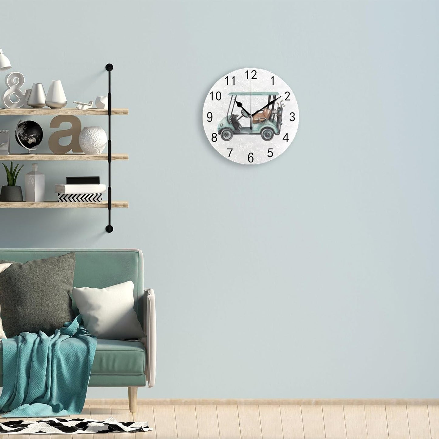 Wall Clock for Living Room Decor Watercolor Golf Cart PVC 9.8 Inch Hanging Round Desk Clocks Silent Non-Ticking Battery Operated Easy to Read Bathroom Kitchen Office