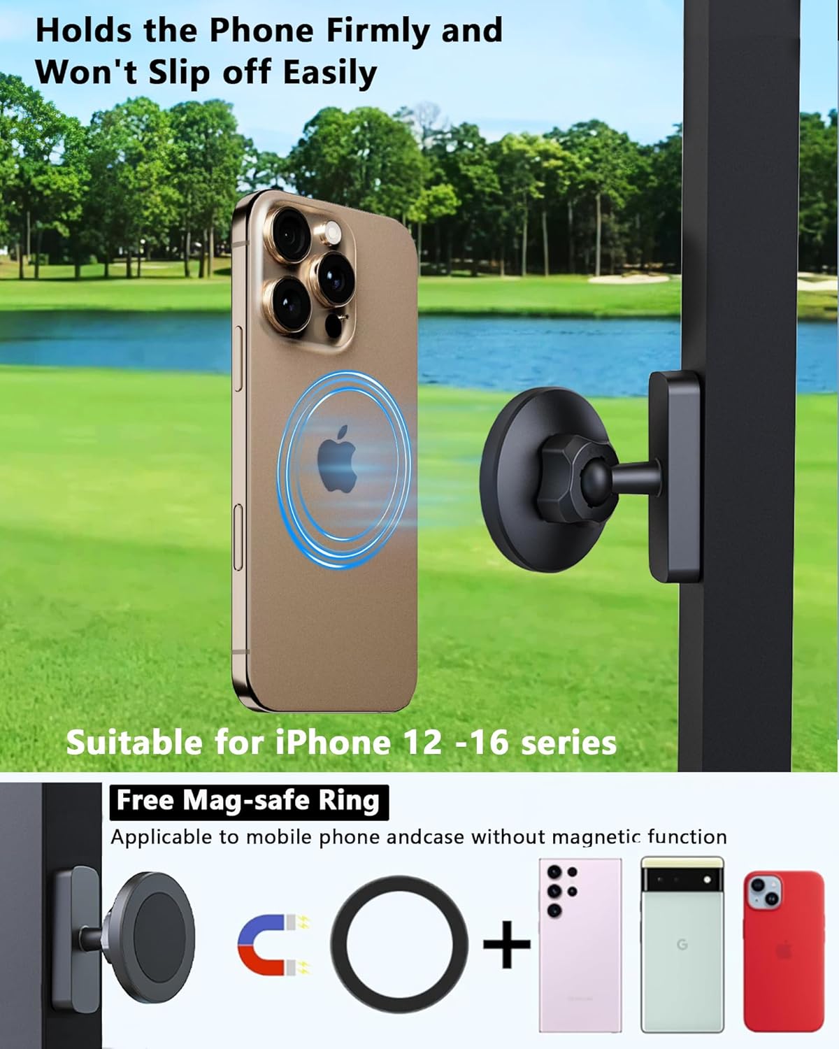Magnetic Golf Cart Phone Holder：360 ° Rotatable Anti Shake Alloy Phone Mount Compatible with Mag-Safe iPhone 16-12 - Golf Cart Accessories Suitable for EZGO, Club Car, Yamaha, Icon
