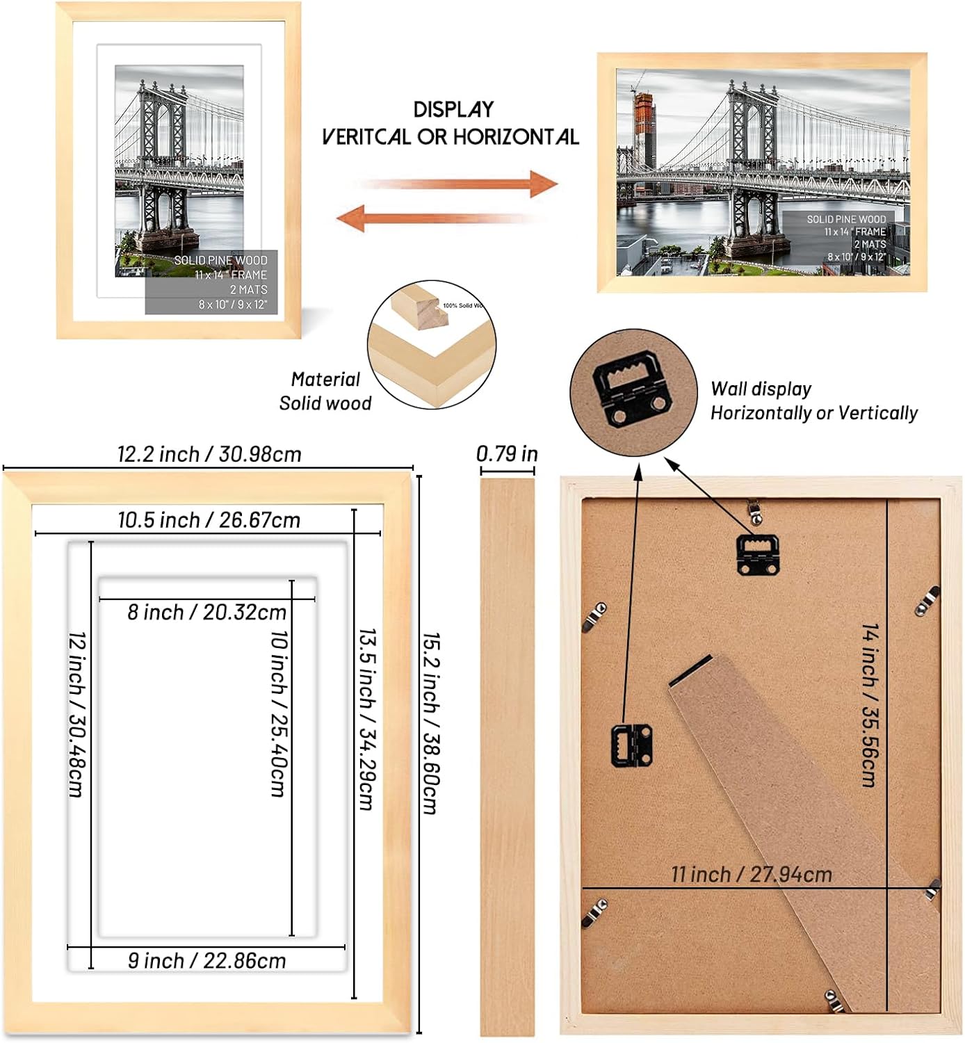 11x14 Solid Wood Picture Frames - Display Pictures 9x12 or 8x10, 11x14 Frame, Poster Photo Frame Art with 2 Mats for Wall Mounting or Table Top (Natural)