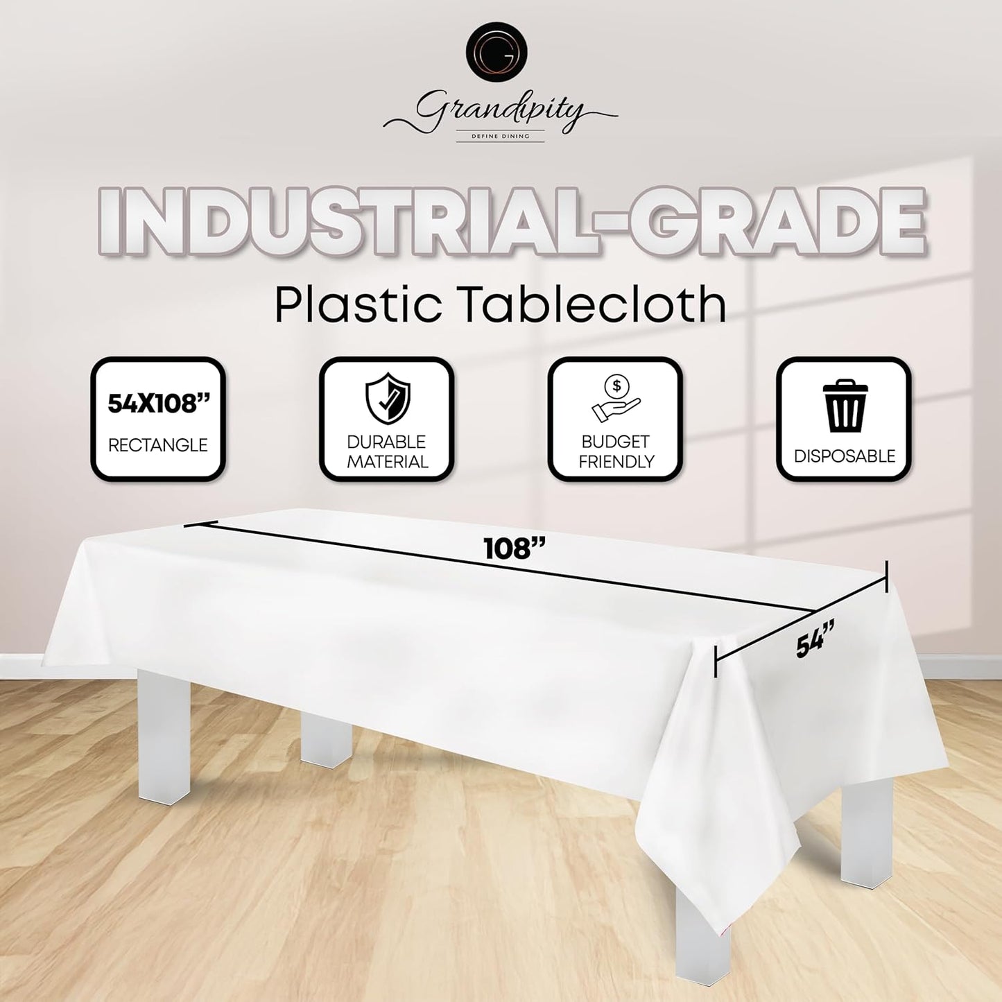 Grandipity 12 Pack Premium Disposable Plastic Tablecloth 54 Inch. x 108 Inch. with 0.3mm Thickness Table Cover - White