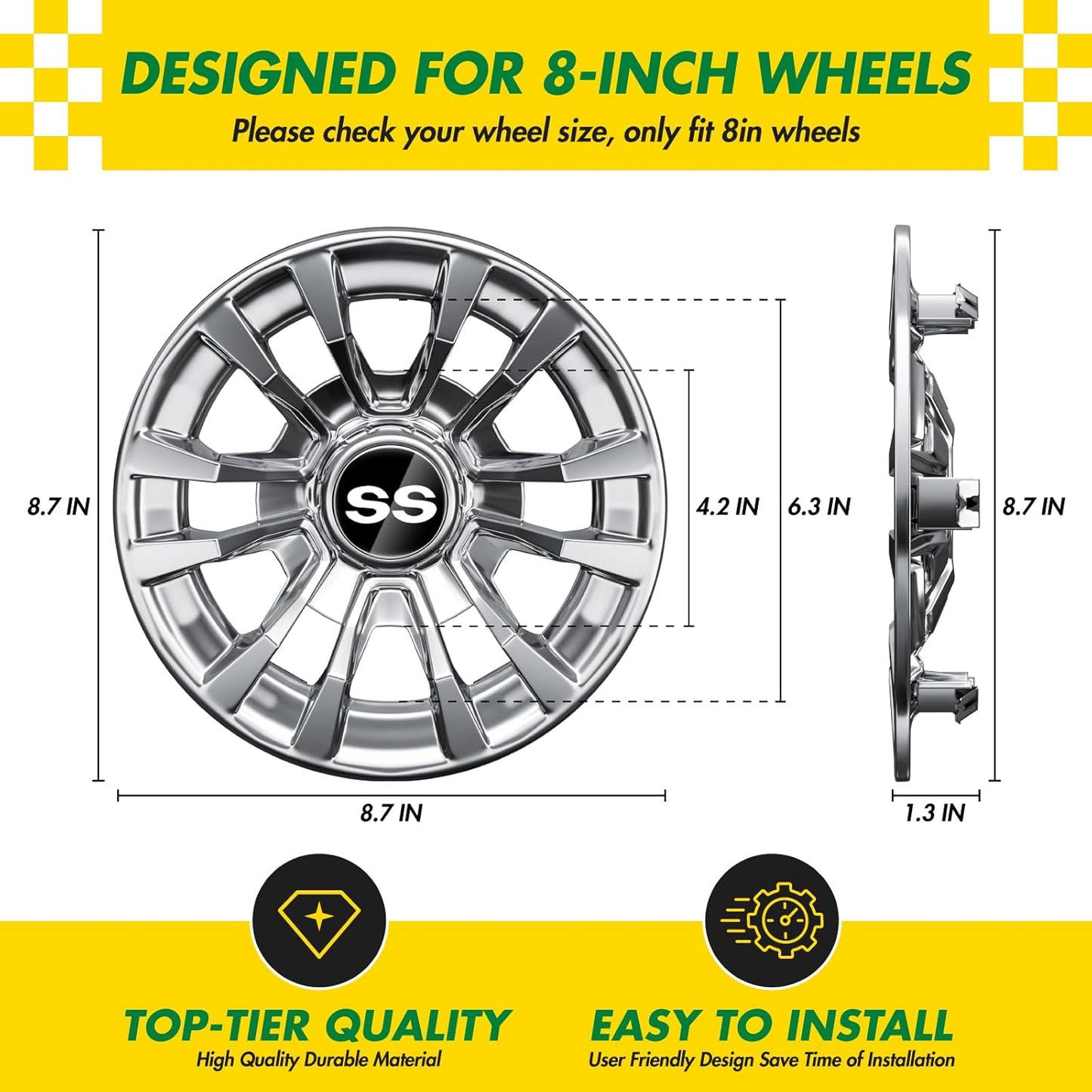 (4-Pack) Premium 8" Golf Cart Hub Caps, Hubcaps & Wheel Rim Covers, 6-Spoke Design for Club Car, EZGO, Yamaha (Excludes RXV Models) - 8 Inch Set, Abs,Steel, Acrylonitrile Butadiene Styrene