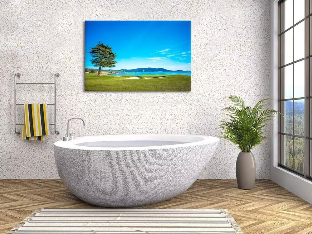 Pebble Beach Golf Course 18th Hole Green Wall Art for Living Room Bedroom Bathroom Home Decorations Golf Course Picture Poster Canvas Prints Modern Framed Artwork Ready to Hang(12''H x 16''W)