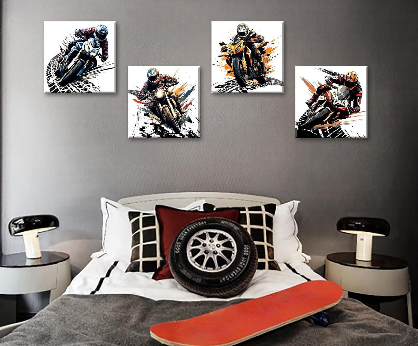 Motorcycle Wall Art Boys Room Decor Graffiti Motocross Posters Motorcycle Canvas Prints Pictures for Mens Cave Dirt Bike Lovers Bedroom Game Room Decoration Framed and Ready to Hang 12"×12" × 4 Pcs