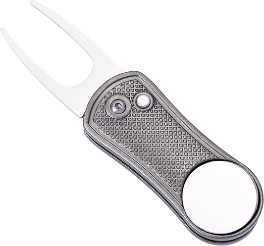 Mile High Life Golf Divot Repair Tool, All Metal Foldable Divot Tool with Pop-up Button & Magnetic Ball Marker