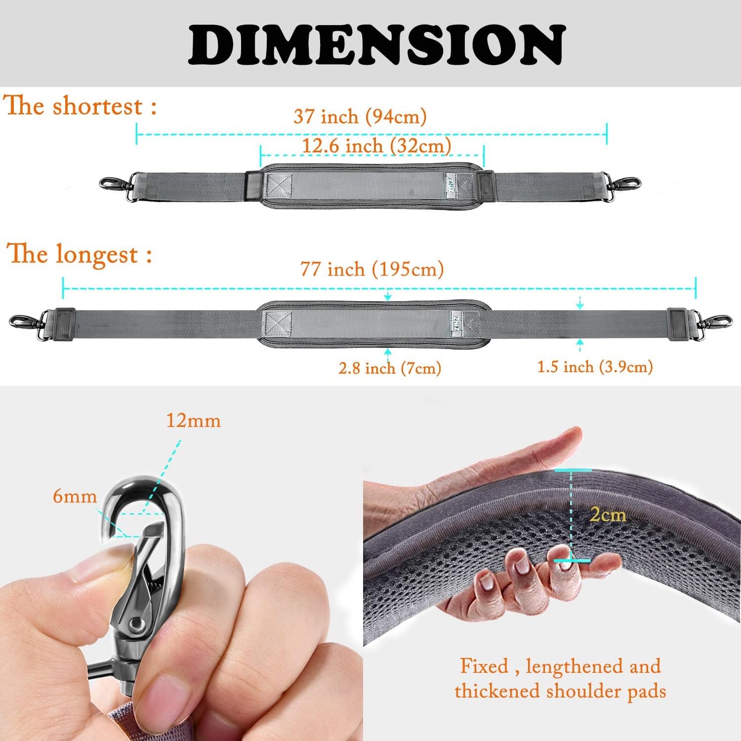 ZINZ 77 Inch Shoulder Strap Univesal Bag Strap with Fixed Pad Ultra Thick Plus Long & Breathable Cushion, Replacement Strap for Bags,Dark Gray