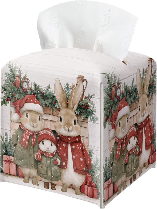 Christmas Tissue Box Holder, Christmas Bunny Leather Tissue Box Cover Square with Bottom Belt, Paper Facial Decorative Tissues Cover for Night Stands Bathroom Office Home Decor-B12