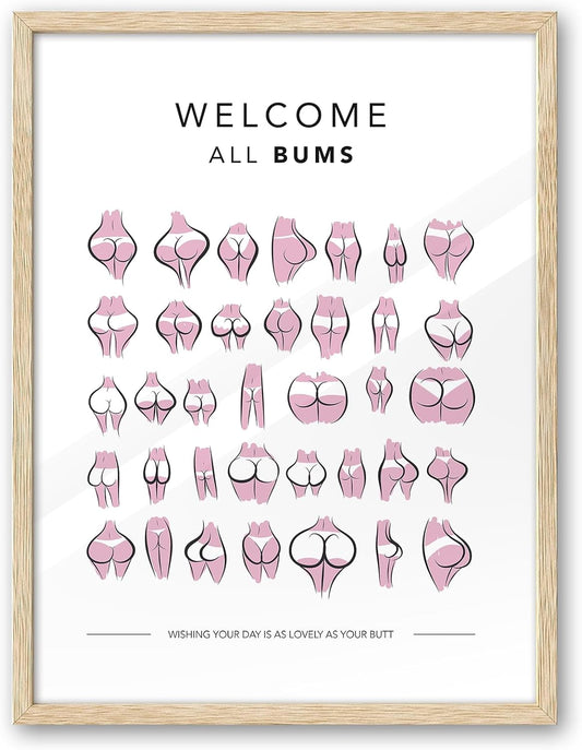 iHery Natural OAK Walnut Color Wood Nice Bum Framed Wall Art, 12x16in All Bums Are Welcome Pink Nice Butt Bathroom Wall Art, Canvas Funny Cute Bathroom Sign Wall Decor For Toilet Set of 1 Gift