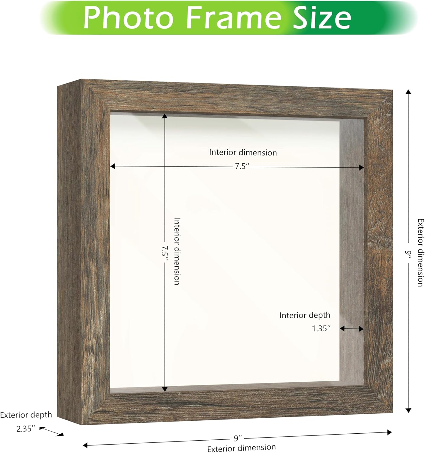FrameWorks 8x8 Driftwood Wooden Shadow Box Frame – Soft Felt Back, Tempered Glass, and Included Elegant White Ball Push Pins