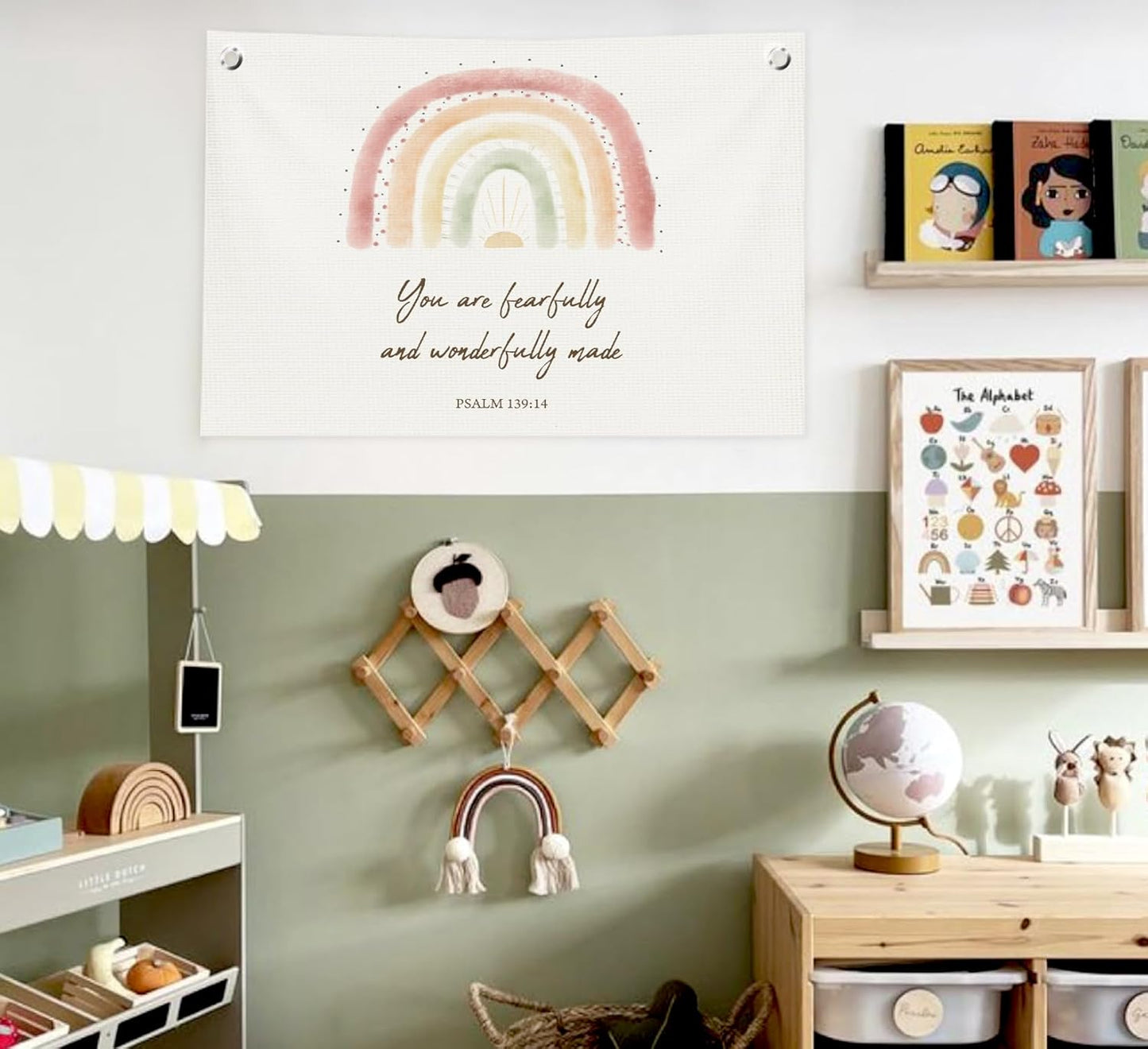 Kids Playroom Wall Decor,Christian Classroom Play Room Decor,Rainbow Bible Verse You are Fearfully and Wonderfully Made Canvas Banner Flags for Classroom, Nursery, Kids Room, Playroom,30x20 In
