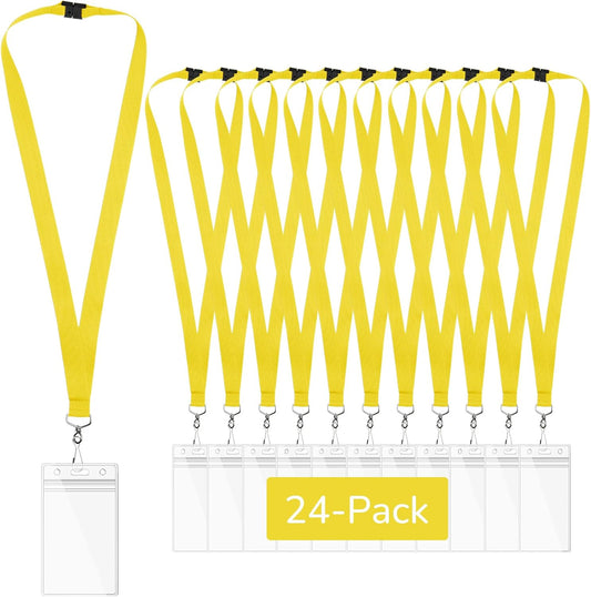 24-Pack Yellow Breakaway Lanyards with Waterproof Badge Holders, Polyester Neck Straps for ID Cards, Events, Office, and Schools