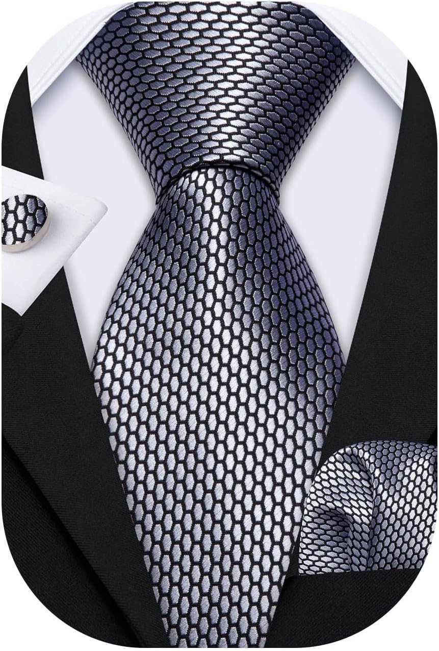 Barry.Wang Designer Classic Ties for Men Set Formal Pocket Square Cufflink Check Plaid