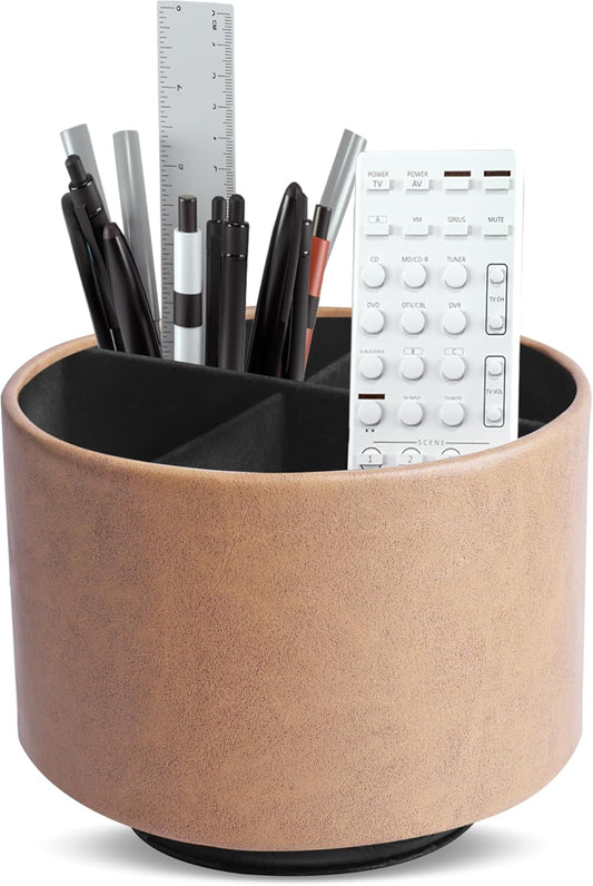 Hennaja Round Leather Art Supply Organizer,Remote Control Holder,360 Degree Spinning,Multi-Functional Pencil Holder,4 Compartments Desktop Stationary Organizer(1-Oil Yellow)