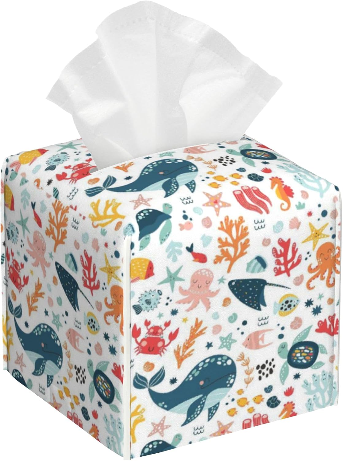 Cute Sea Life Tissue Box Cover,Whale Tissue Box Holder Square with Bottom Belt,Waterproof Leather Organizer Portable Decorative Facial Paper for Bedroom Dresser Night Stand Office,5.2" x 5.2" x 5.2"