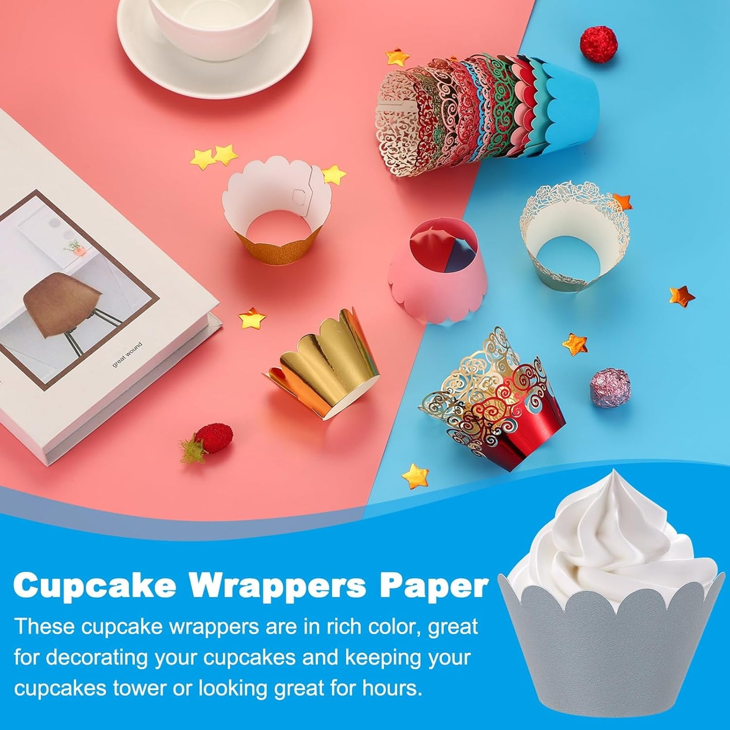 PATIKIL Cupcake Wrappers Paper, 50 Pack Baking Cups Standard Wave Decoration for Anniversary Birthday Weddings and Parties, Silver/Black