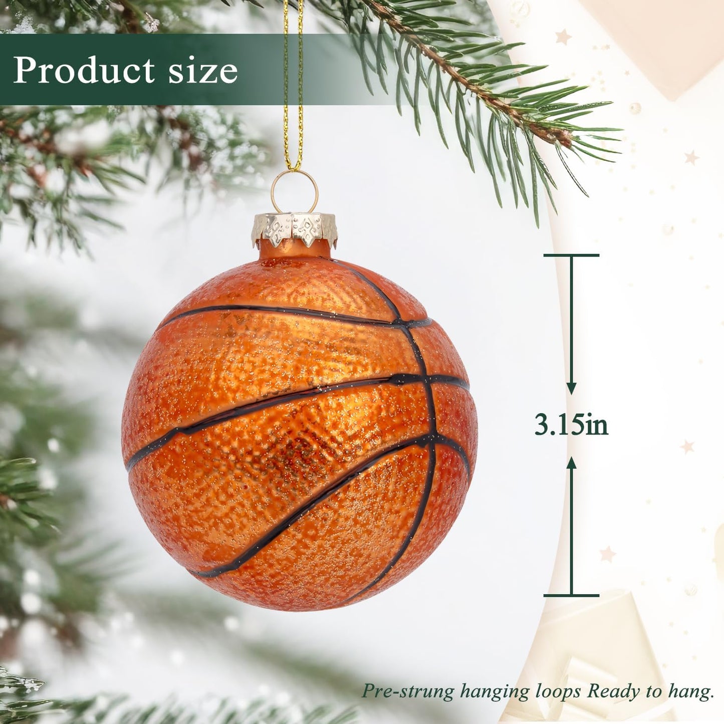 3.15” Christmas Basketball Glass Blown Ornament, 2025 Hand-Painted Sports Ball Decoration for Xmas Tree Holiday Decor Gifts