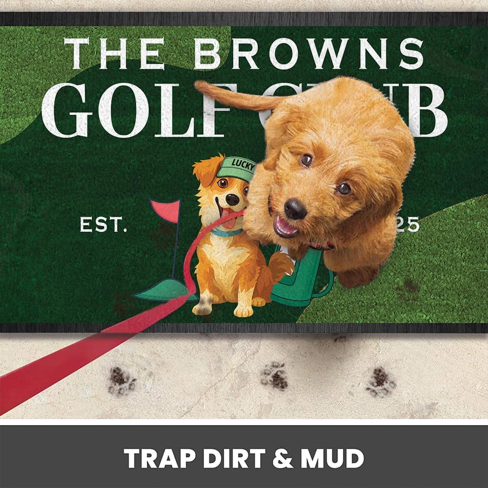 Personalized Golf Welcome Mat with Dog Photo and Family Name – Custom Front Door Rug with Pet Cartoon, Year and Golf Theme – Outdoor Entryway Doormat for Dog Owners and Golf Lovers