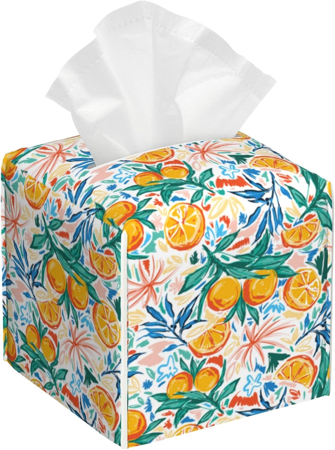 Summer Fruits Orange and Leaves Tissue Box Cover Square, Tissue Box Holder Leather Facial Paper Case Decorative Organizer Holder Dispenser Home Office Car Decor