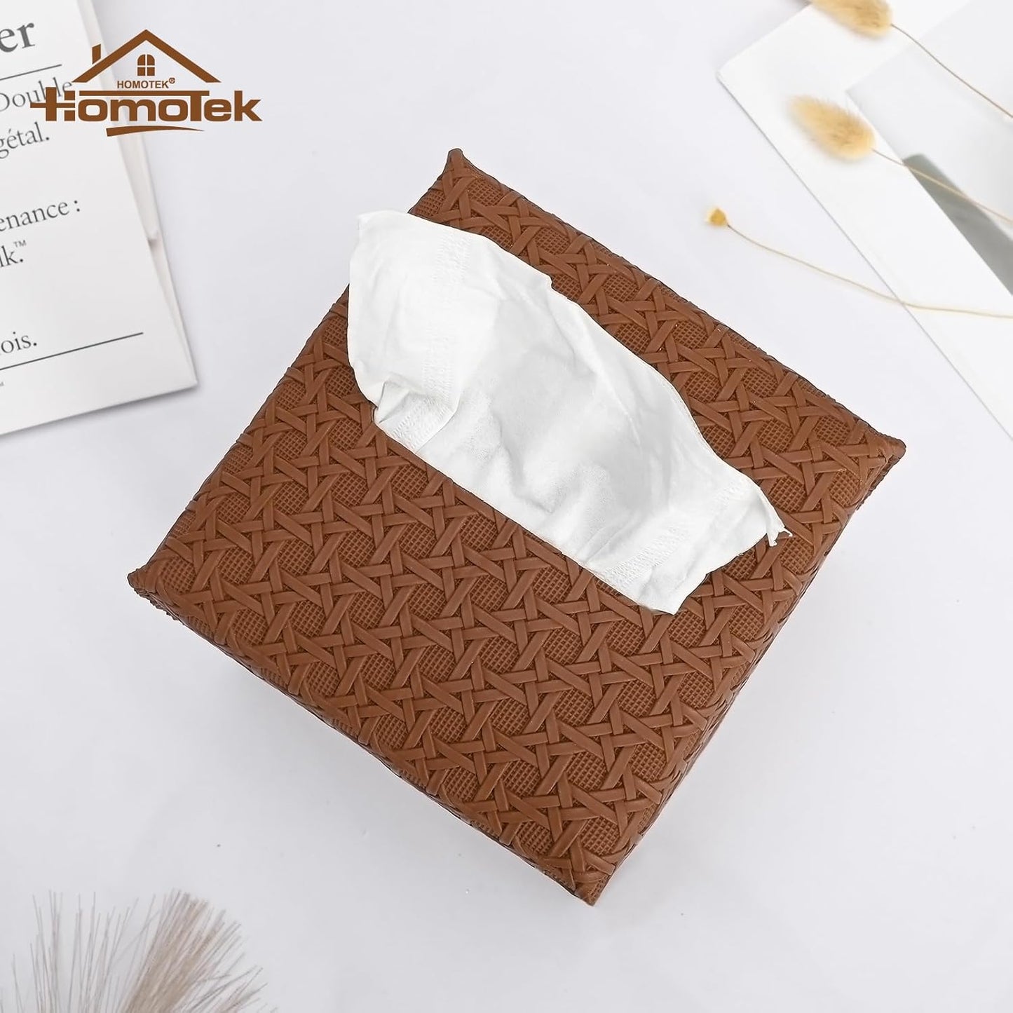 HOMOTEK 2 Pack Tissue Box Cover, Square PU Leather Tissue Holder, Decorative Facial Tissue Cube Paper Organizer Dispenser for Bathroom, Night Stands, Desk, Car 5X5X5'' - Rattan Weave,Chocolate