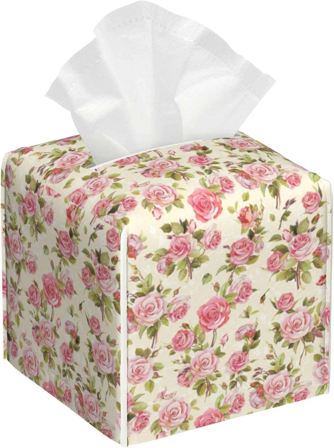 Tissue Box Cover Square,Watercolor Pink Roses Tissue Box Holder Waterproof Leather Facial Paper Case Modern Home Decoration for Bedroom Dresser Night Stand Office Desk